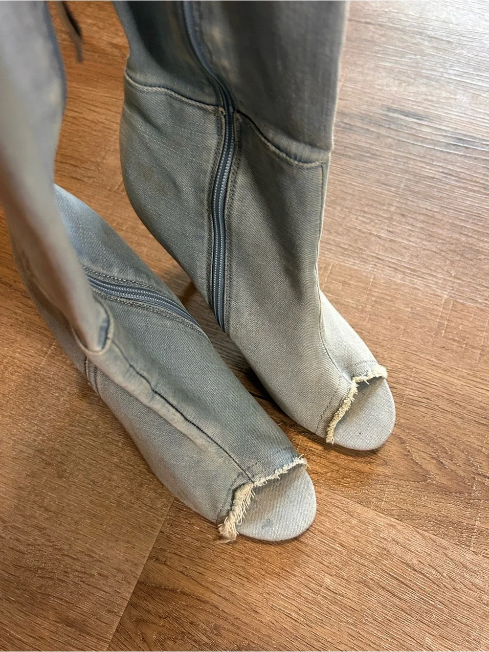 Womens Thigh-High Over-the-Knee Denim Distressed Stiletto Boots Light Wash 11